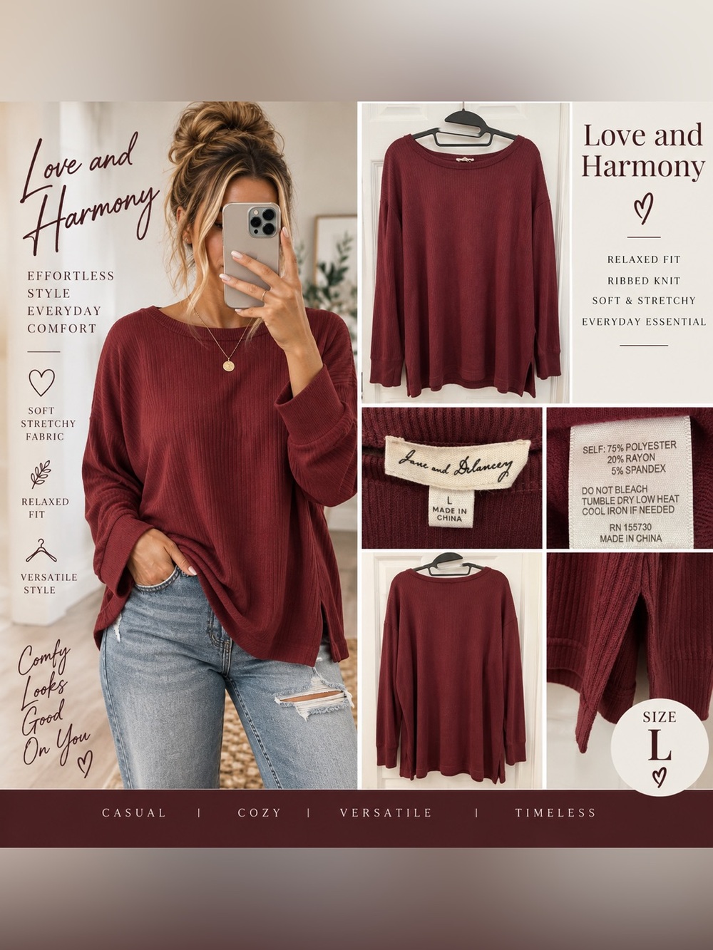 Love and Harmony Burgundy Ribbed Oversized Long Sleeve Top Size Large